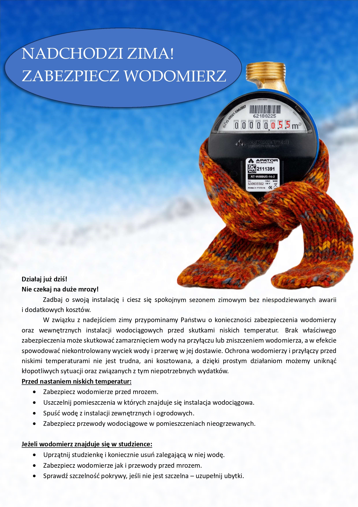 Nadchodzi zima. Zabezpiecz wodomierz.