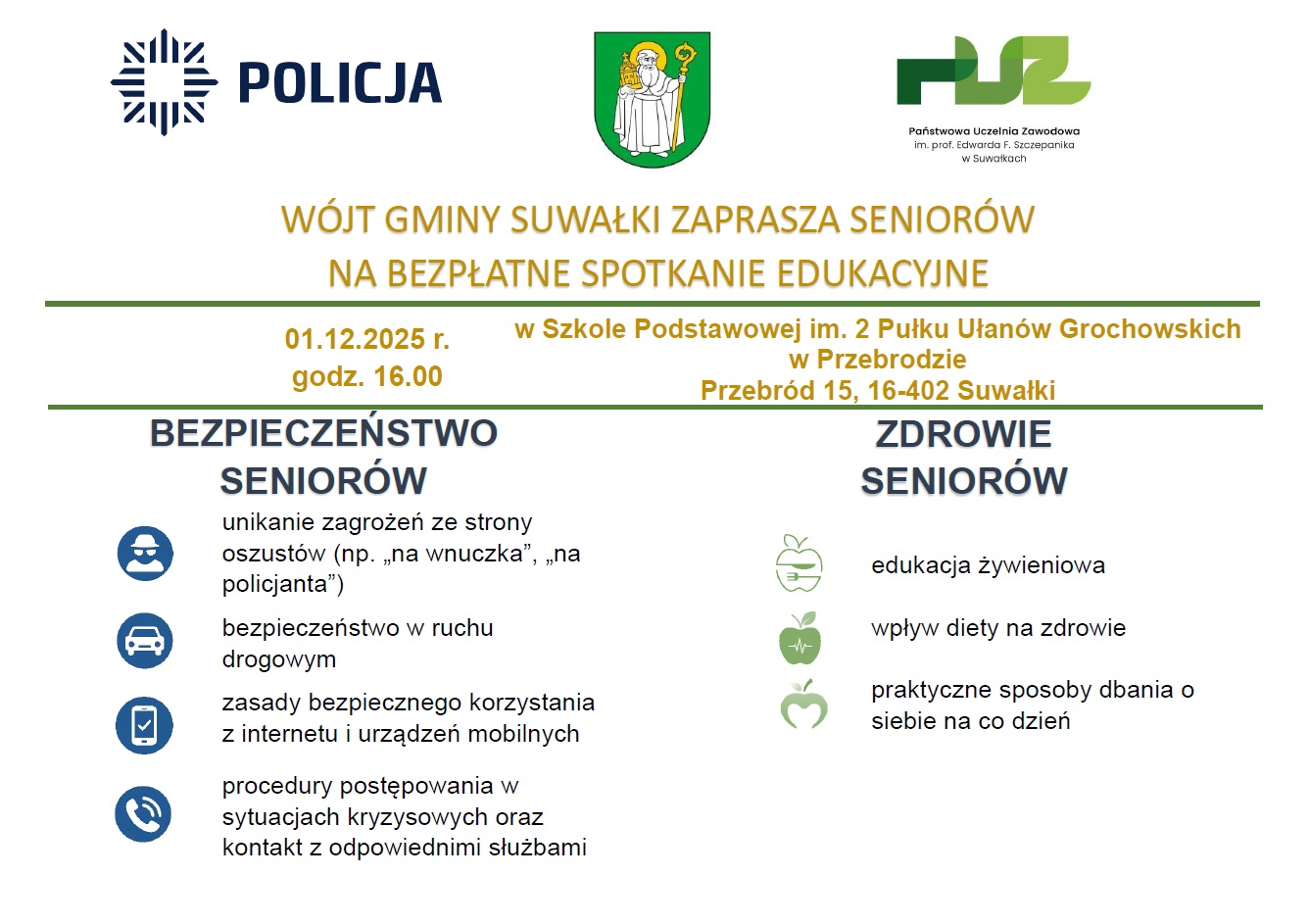 Wójt Gminy Suwałki zaprasza seniorów na spotkanie edukacyjne!