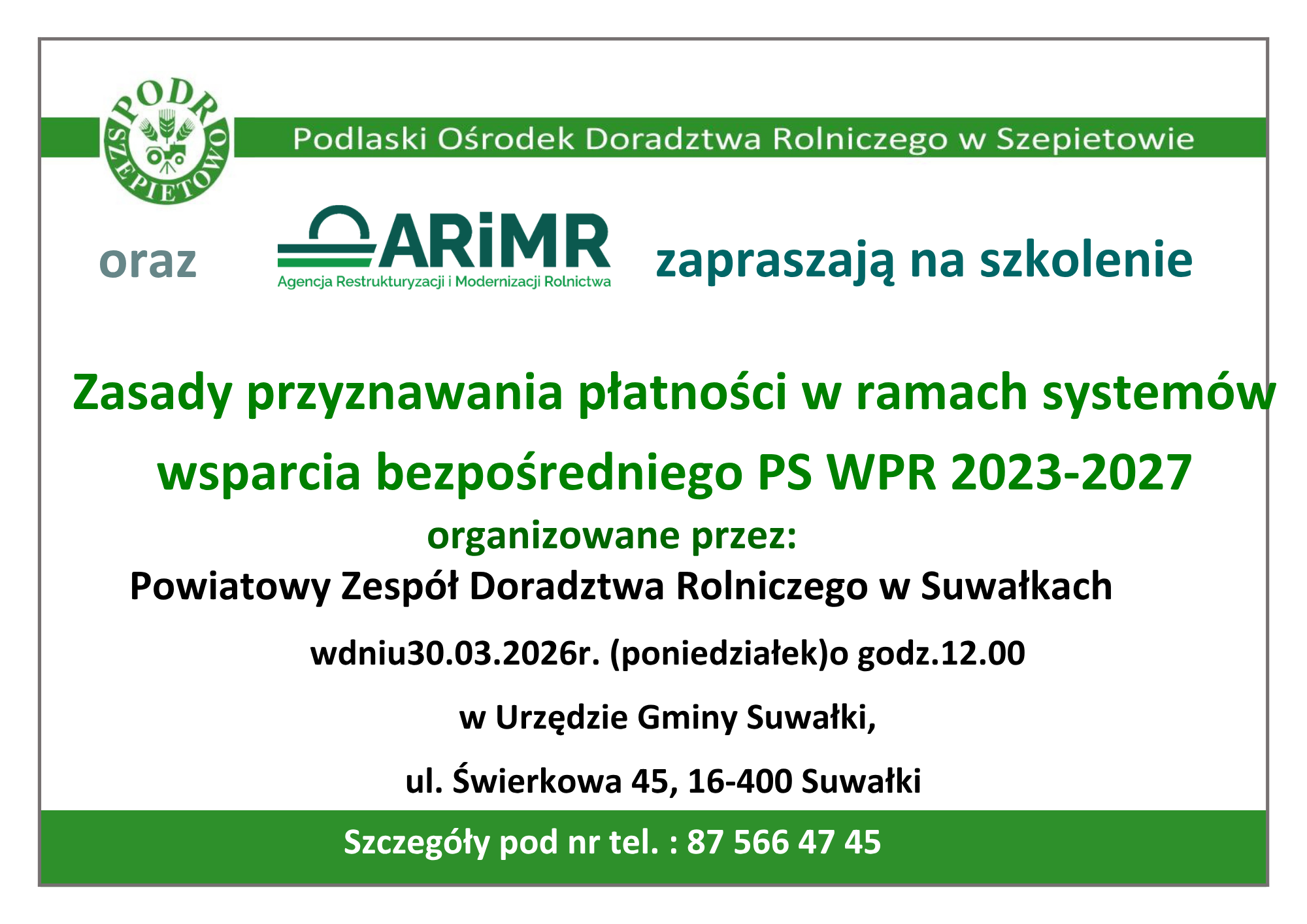 Szkolenie z Zasad przyznawania płatności w ramach systemów wsparcia bezpośredniego PS WPR 2023-2027